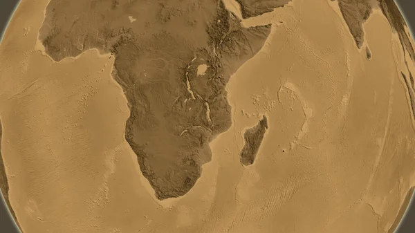 Sepia elevation globe map centered on Malawi