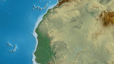 Moritanya merkezli arelief haritasına yakın plan