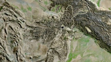 Afganistan sınır bölgesinin ve bölgesel sınırlarının uydu haritasına yakın çekim. Ana nokta. Ülke şekli etrafında özet geç. 
