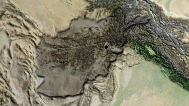 Afganistan sınır bölgesinin yakın çekimleri. Uydu haritasında koyu bir örtüyle vurgulanıyor. Ana nokta. Ülkenin kıvrımlı kenarları. 