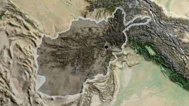 Afganistan sınır bölgesinin yakın çekimleri. Uydu haritasında koyu bir örtüyle vurgulanıyor. Ana nokta. Ülke çapında parıltı. 