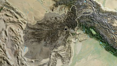 Afganistan sınır bölgesinin yakın çekimleri. Uydu haritasında koyu bir örtüyle vurgulanıyor. Ana nokta. Ülke şekli etrafında özet geç. 