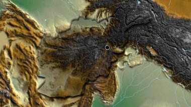 Afganistan sınır bölgesinin yakın çekimleri bir yardım haritasında koyu bir örtüyle vurgulanıyor. Ana nokta. Ülkenin kıvrımlı kenarları. 