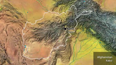Bir topografik haritada Afganistan sınır bölgesinin yakın çekimleri. Ana nokta. Ülke çapında bir taslak oluşturun. Ülkenin ve başkentinin İngilizce adı