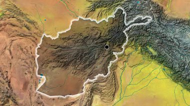 Afganistan sınır bölgesinin, topoğrafik haritada koyu bir örtüyle ışıklandırılmış hali. Ana nokta. Ülke çapında parıltı. 