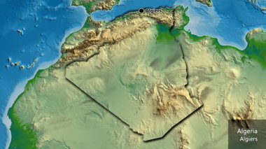Fiziksel haritada Cezayir sınır bölgesinin yakın çekimleri. Ana nokta. Kırsal kesimin kıvrımlı kenarları. Ülkenin ve başkentinin İngilizce adı