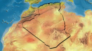 Bir topografik haritada Cezayir sınır bölgesinin yakın çekimleri. Ana nokta. Ülkenin kıvrımlı kenarları. 