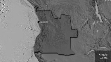Angola sınır bölgesinin yakın çekimleri, bilek haritasında koyu bir örtüyle vurgulanıyor. Ana nokta. Kırsal kesimin kıvrımlı kenarları. Ülkenin ve başkentinin İngilizce adı