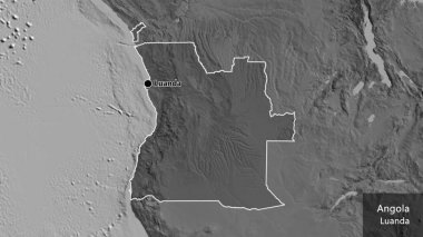 Angola sınır bölgesinin yakın çekimleri, bilek haritasında koyu bir örtüyle vurgulanıyor. Ana nokta. Ülke çapında bir taslak oluşturun. Ülkenin ve başkentinin İngilizce adı