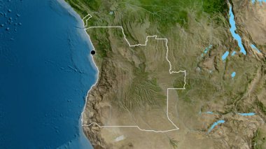 Angola sınır bölgesinin uydu haritasında yakın plan görüntüsü. Ana nokta. Ülke şekli etrafında özet geç. 