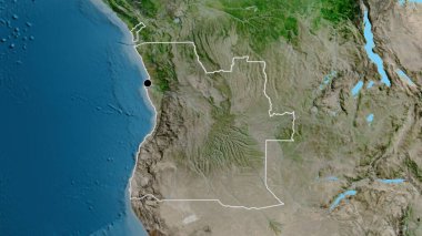 Angola sınır bölgesinin uydu haritasında yakın plan görüntüsü. Ana nokta. Ülke şekli etrafında özet geç. 