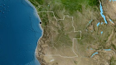 Angola sınır bölgesinin ve bölgesel sınırlarının uydu haritasına yakın plan. Ana nokta. Ülke şekli etrafında özet geç. 