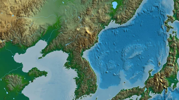 Κοντινό Πλάνο Του Φυσικού Χάρτη Επίκεντρο Βόρεια Κορέα — Φωτογραφία Αρχείου