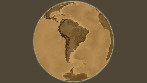 Sepia elevation globe map centered on Paraguay