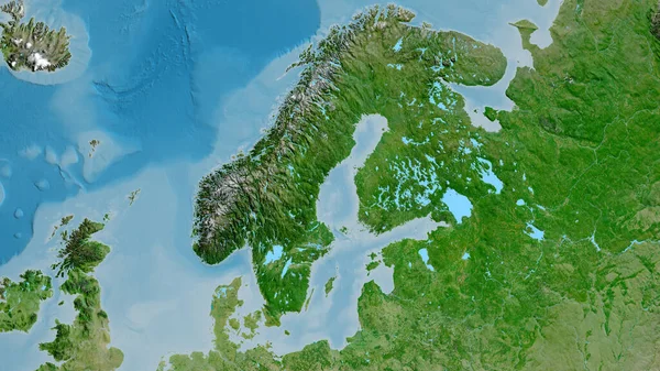 以瑞典为中心的亚卫星地图的近距离拍摄 — 图库照片