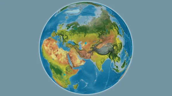 Topographic globe map centered on Turkmenistan