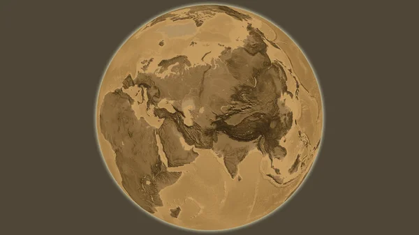 Sepia elevation globe map centered on Uzbekistan