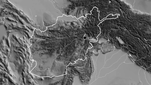 Nahaufnahme Des Afghanischen Grenzgebiets Auf Einer Graustufenkarte Kapitalpunkt Umrisse Rund — Stockfoto