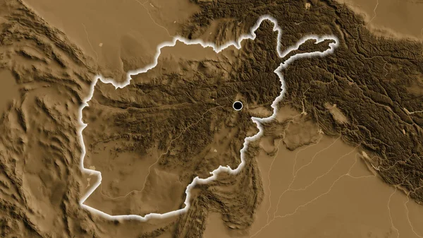 セピア標高マップ上のアフガニスタン国境地帯の閉鎖 資本ポイント 全国に光る — ストック写真