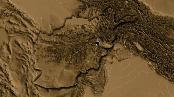 Zbliżenie Afgańskiej Strefy Przygranicznej Mapie Wysokości Sepii Główny Punkt Ścinane — Zdjęcie stockowe