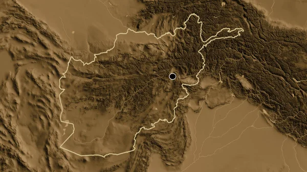 セピア標高マップ上のアフガニスタン国境地帯の閉鎖 資本ポイント 全国の概要 — ストック写真