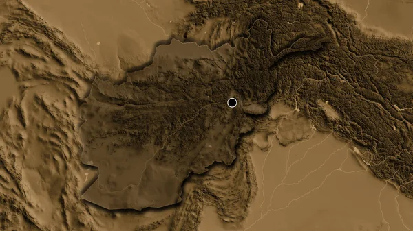 Close Afghanistan Border Area Highlighting Dark Overlay Sepia Elevation Map — Stock Photo, Image