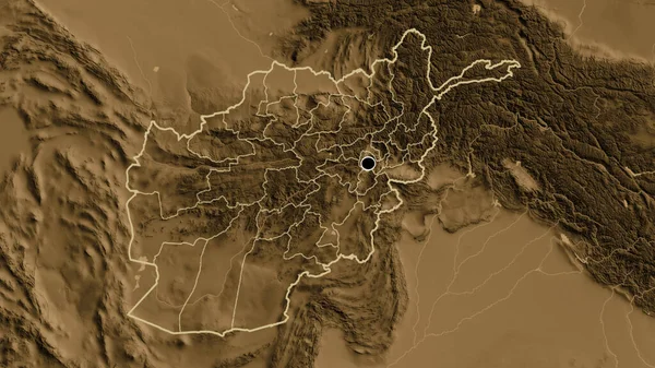 在一张隔油层高地地图上对阿富汗边境地区及其区域边界进行密切监视 资本点 国家形貌概述 — 图库照片