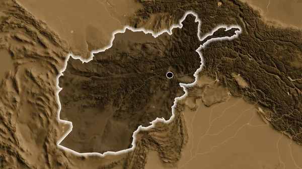 アフガニスタンの国境地帯のクローズアップは セピア標高地図上の暗いオーバーレイで強調しています 資本ポイント 全国に光る — ストック写真