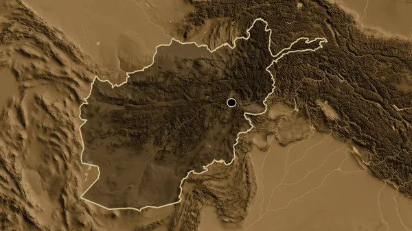 アフガニスタンの国境地帯のクローズアップは セピア標高地図上の暗いオーバーレイで強調しています 資本ポイント 全国の概要 — ストック写真