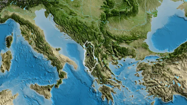 Крупный План Границы Албанией Спутниковой Карте Отличный Момент Светится Вокруг — стоковое фото