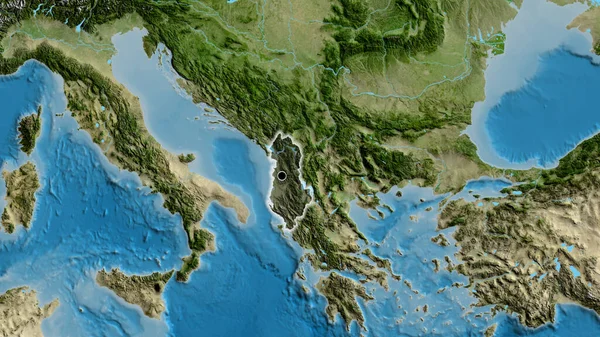 Zbliżenie Strefy Przygranicznej Albanii Ciemnym Pokryciem Mapie Satelitarnej Główny Punkt — Zdjęcie stockowe
