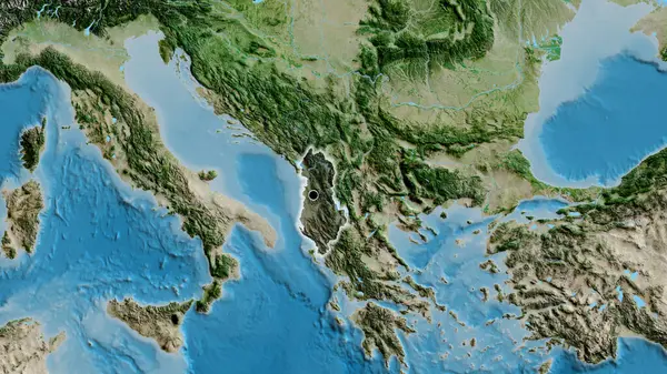 阿尔巴尼亚边境地区的特写镜头 用卫星地图上的黑暗阴影突出显示 资本点 风靡全国 — 图库照片