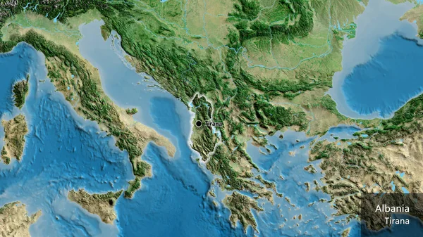 Primer Plano Zona Fronteriza Albania Mapa Por Satélite Punto Capital —  Fotos de Stock