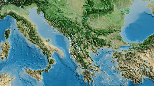 Zbliżenie Strefy Przygranicznej Albanii Zdjęciu Satelitarnym Yahoo Główny Punkt Zarys — Zdjęcie stockowe