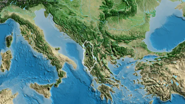 Крупный План Границы Албанией Спутниковой Карте Отличный Момент Светится Вокруг — стоковое фото