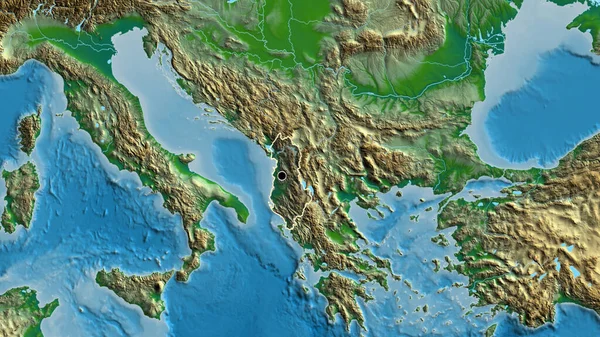 Zbliżenie Strefy Przygranicznej Albanii Ciemną Powłoką Fizycznej Mapie Główny Punkt — Zdjęcie stockowe