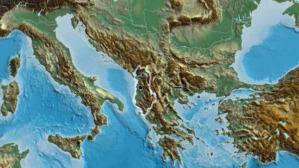 Primer Plano Zona Fronteriza Albania Mapa Relieve Punto Capital Brillan — Foto de Stock