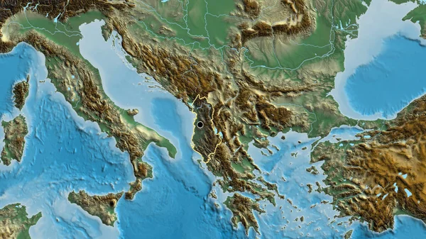 Close Albania Border Area Highlighting Dark Overlay Relief Map Capital — Stock Photo, Image