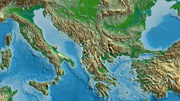 Detailní Záběr Pohraniční Oblasti Albánie Jejích Regionálních Hranic Fyzické Mapě — Stock fotografie