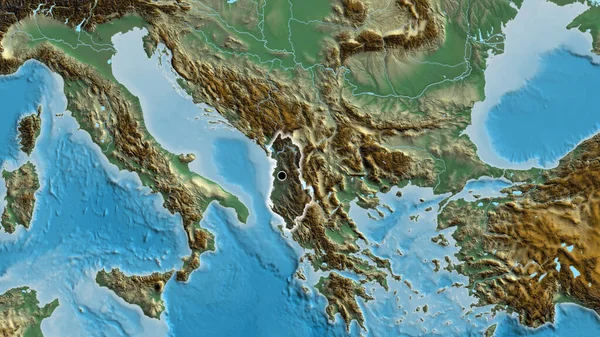 Крупный План Приграничной Зоны Албании Подчеркнутый Тёмным Наложением Рельефную Карту — стоковое фото