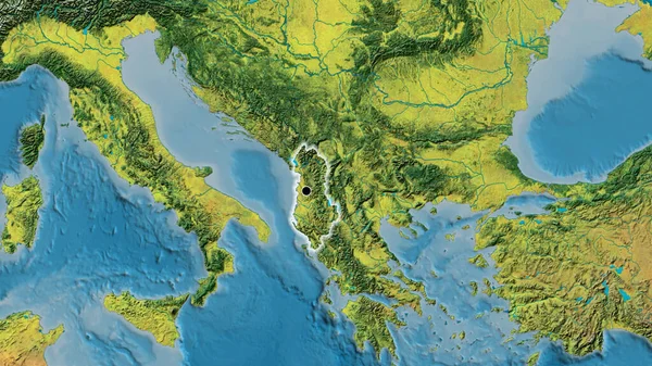 Detailní Záběr Pohraniční Oblasti Albánie Topografické Mapě Fakt Záře Kolem — Stock fotografie