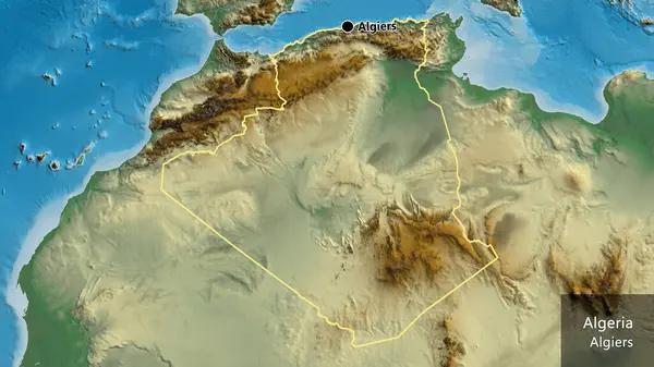 Cezayir sınırının yakınındaki bir haritada. Ana nokta. Ülke çapında bir taslak oluşturun. Ülkenin ve başkentinin İngilizce adı