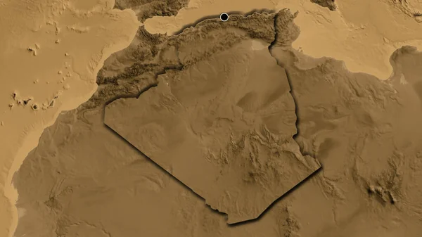 Cezayir Sınır Bölgesinin Yakınındaki Sepya Yüksekliği Haritasında Ana Nokta Ülkenin — Stok fotoğraf