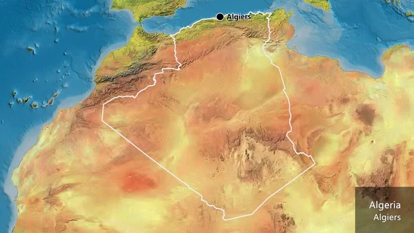 Bir topografik haritada Cezayir sınır bölgesinin yakın çekimleri. Ana nokta. Ülke çapında bir taslak oluşturun. Ülkenin ve başkentinin İngilizce adı