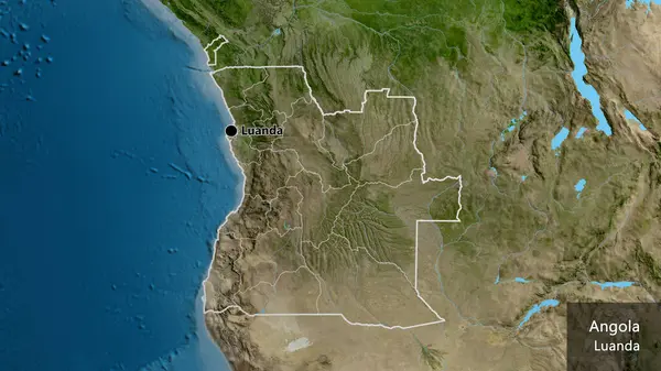 アンゴラ国境地域の閉鎖と衛星地図上のその地域の境界線 資本ポイント 国の形の周りの概要 英名国とその首都 — ストック写真