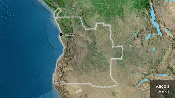 在卫星地图上对安哥拉边境地区进行的密切监视 资本点 风靡全国各地 国家及其首都的英文名称 — 图库照片