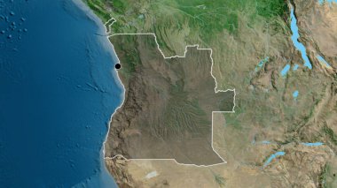Angola sınır bölgesinin yakın planında uydu haritasında koyu bir örtüyle vurgulanıyor. Ana nokta. Ülke şekli etrafında özet geç. 