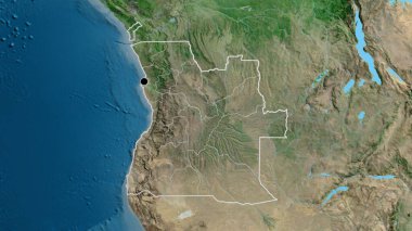 Angola sınır bölgesinin ve bölgesel sınırlarının uydu haritasına yakın plan. Ana nokta. Ülke şekli etrafında özet geç. 