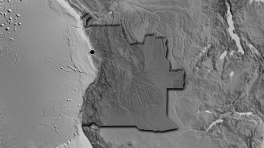 Angola sınır bölgesinin, gri tonlamalı bir haritada koyu bir örtüyle ışıklandırılması. Ana nokta. Ülkenin kıvrımlı kenarları. 