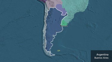 Arjantin sınır bölgesinin yakın çekimleri idari haritada koyu bir örtüyle vurgulanıyor. Ana nokta. Ülke çapında parıldıyor. Ülkenin ve başkentinin İngilizce adı